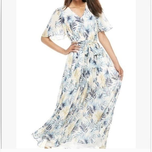 Gal Meets Glam Dresses & Skirts - Gal Meets Glam Maxi Dress Chiffon Tropical Kiki Leaf Print Flowy Size 14 NICE
